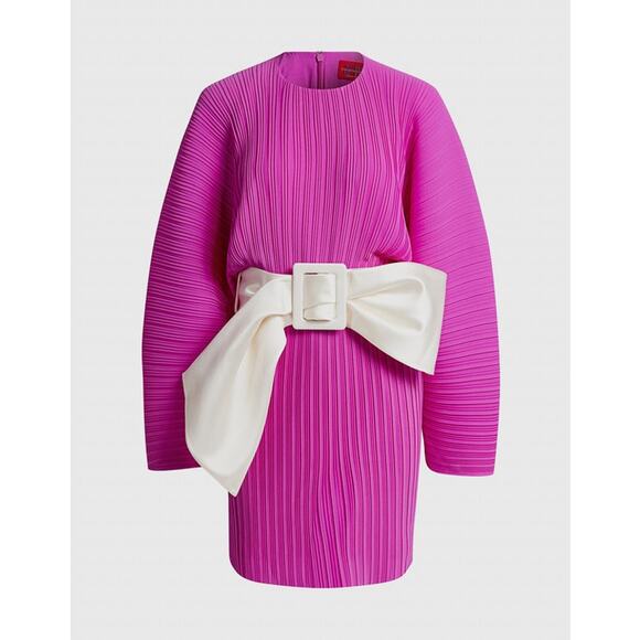 Solace London Tanzy Fuchsia Pleated White Bow Long Sleeve Mini Cocktail Dress - Picture 9 of 16